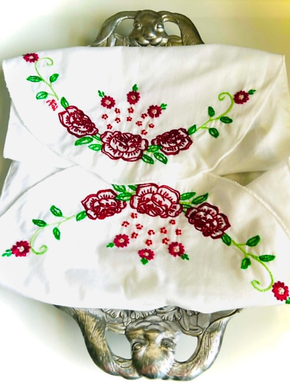 Vintage Cottagecore Hand Embroidered Roses Runner Bread Basket Liner 37"